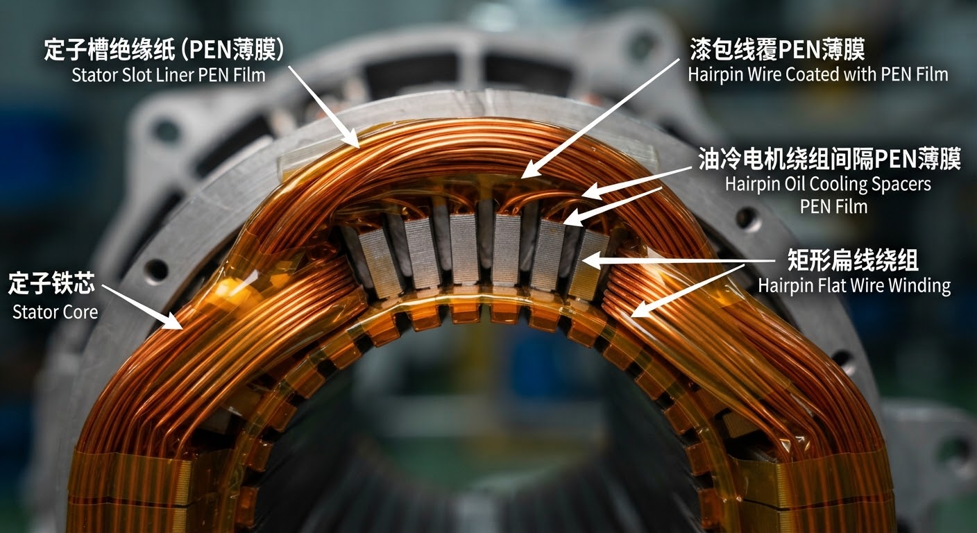 [Application visual]: 800V stator slot liner, magnet-wire film wrap and oil-cooled winding separators