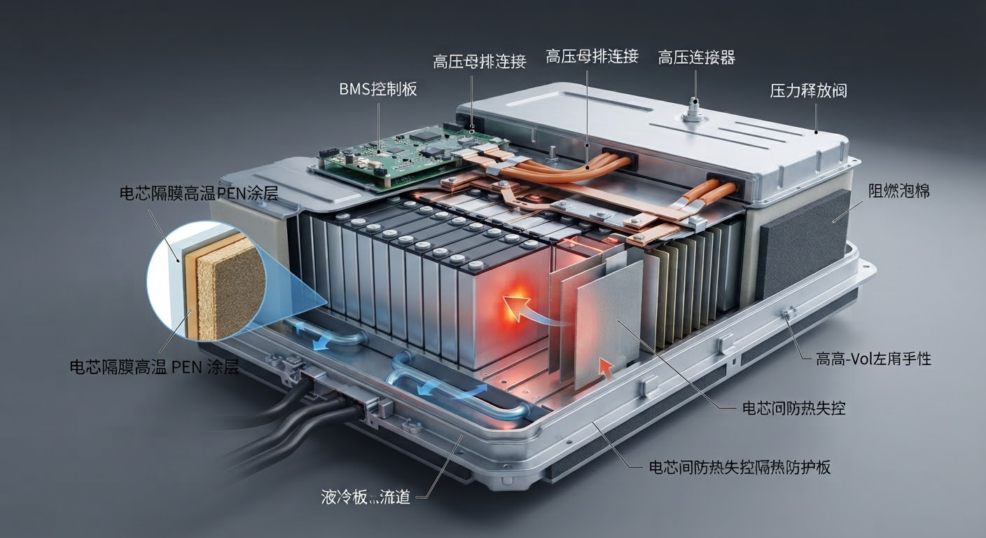 [Application visual]: lithium PACK interior highlighting high-temp PEN separator coating and inter-cell thermal barriers