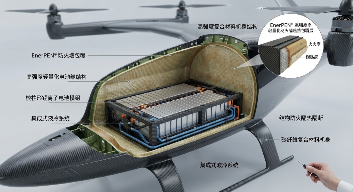 [Application visual]: eVTOL battery bay with lightweight, high-strength EnerPEN® firewall wrap