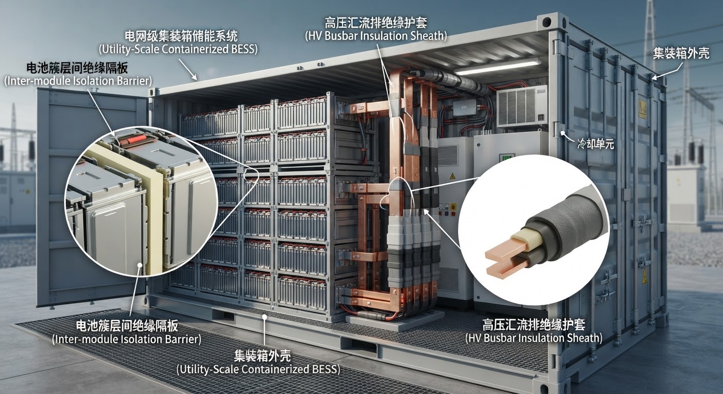 [Application visual]: grid-scale container ESS with busbar insulation sleeving and inter-cluster barriers